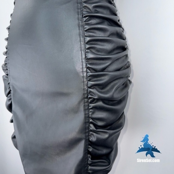 1069 NWOT Zara Black Faux Leather Dress w/Ruching - Picture 6 of 16